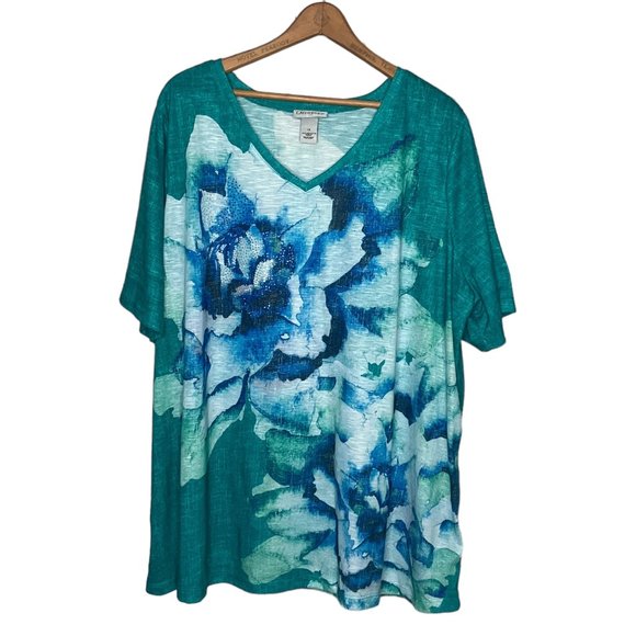Catherines 1X Teal Blue Floral Rhinestone Embellished Slub Knit V-Neck Top Plus‎ - Picture 1 of 4